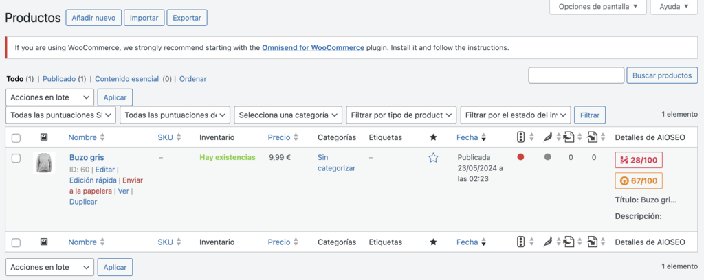 Sección de productos de WooCommerce