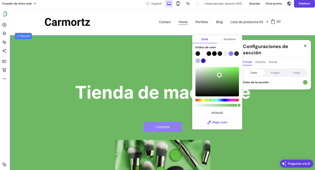 Configuraciones de secci&oacute;n del Creador de sitios web de Hostinger