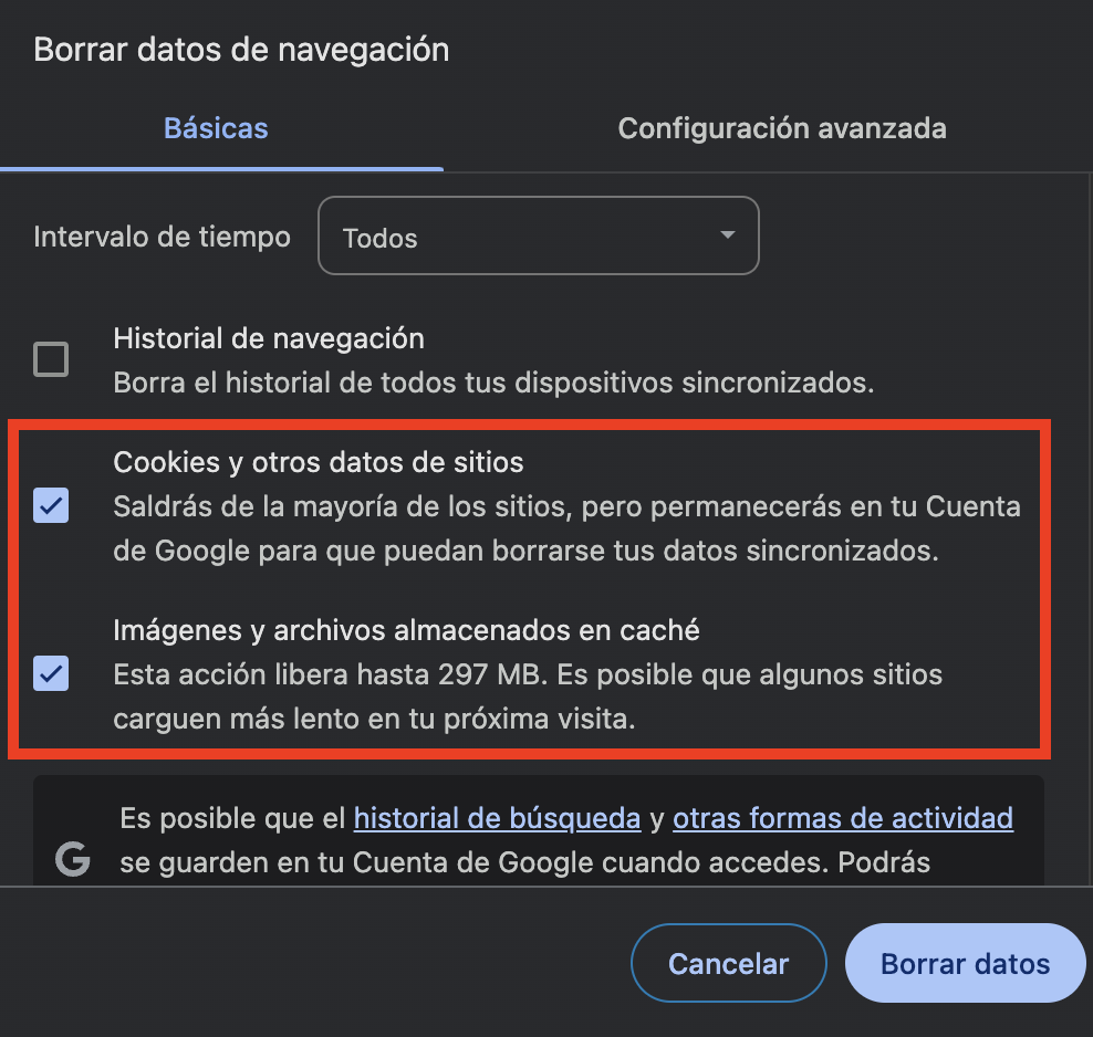 Ajustes de borrar datos de navegaci&oacute;n de Chrome