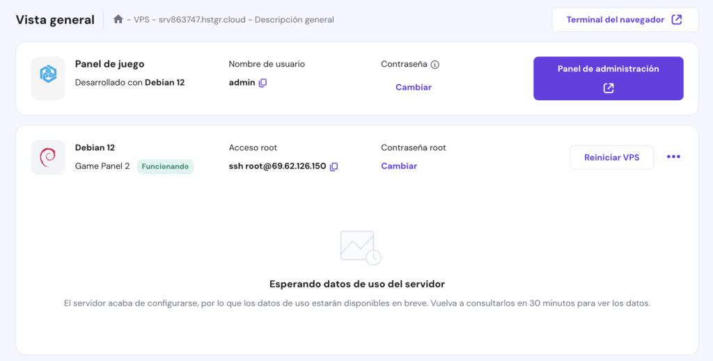 Panel de juego funcionando de Hostinger
