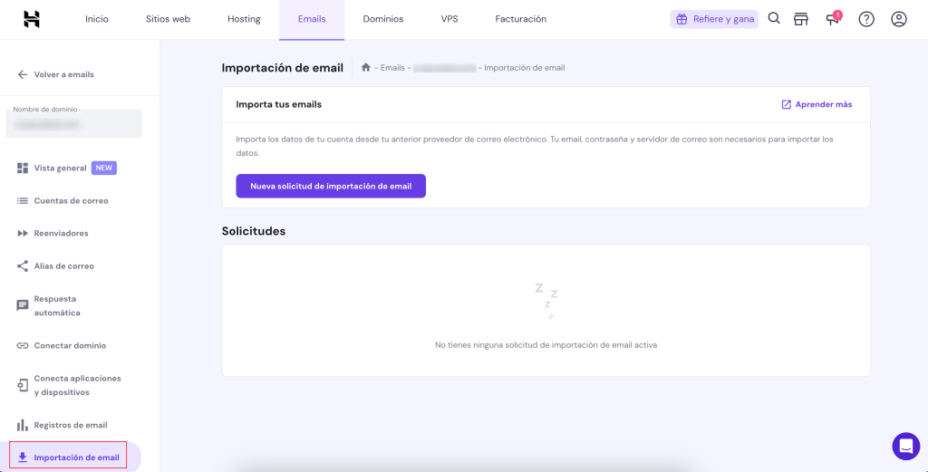 Importaci&oacute;n del email de Hostinger