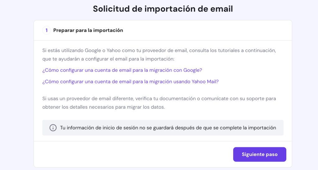 Pasos de ayuda para la solicitud de importaci&oacute;n del email en Hostinger