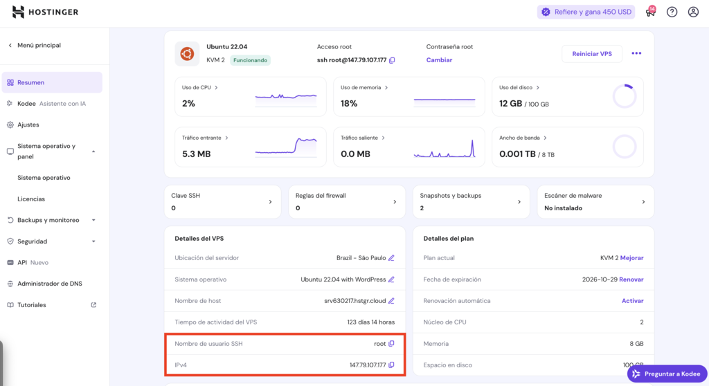 Sección de Accesso SSH de hPanel