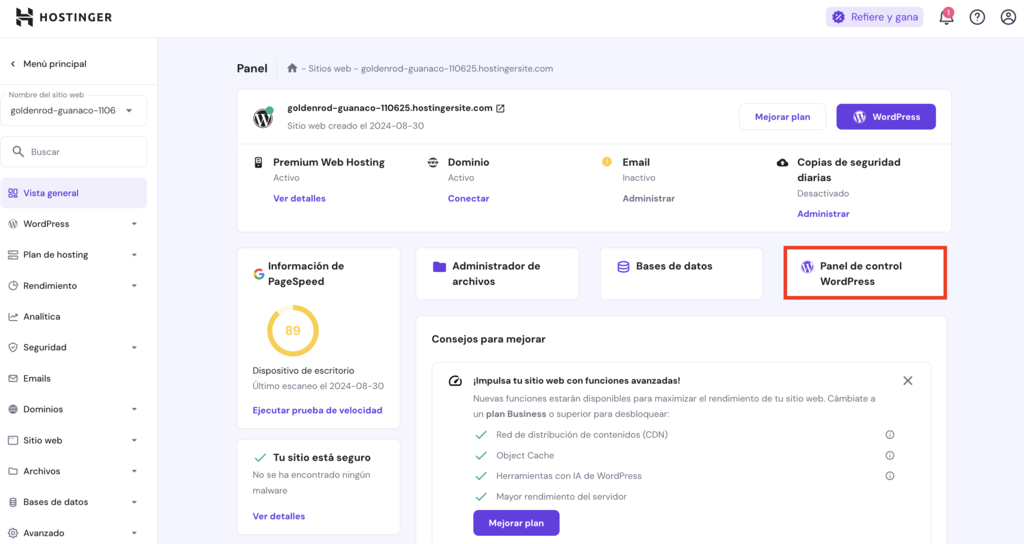 Bot&oacute;n de Panel de control de WP