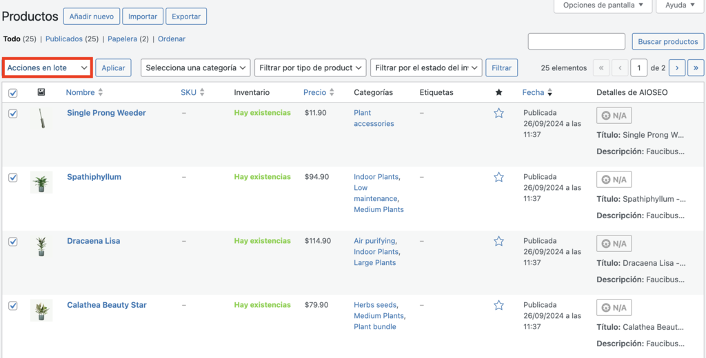 Sección de productos en WP
