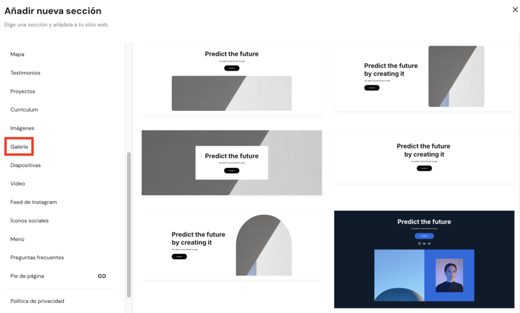 A&ntilde;adir nueva secci&oacute;n en el Creador de sitios web de Hostinger