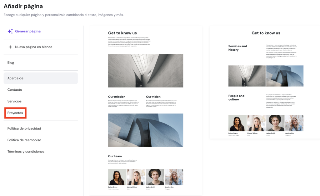 A&ntilde;adir p&aacute;gina en el Creador de sitios web de Hostinger
