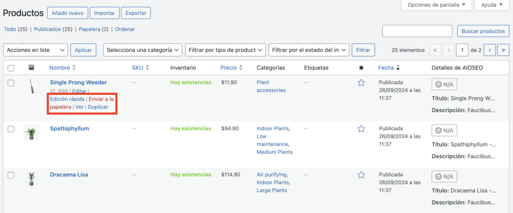 Sección de productos de WordPress