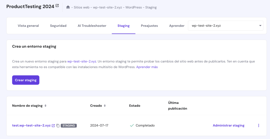Sección de staging de WordPress en hPanel