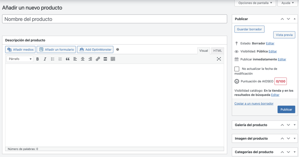 Secci&oacute;n de a&ntilde;adir nuevo producto en WooCommerce