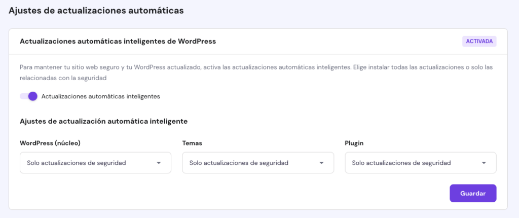 Actualizaciones autom&aacute;ticas inteligentes de WordPress en Hostinger