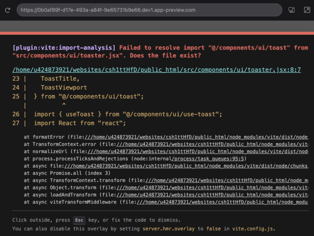 Ejemplo de error en Hostinger Horizons