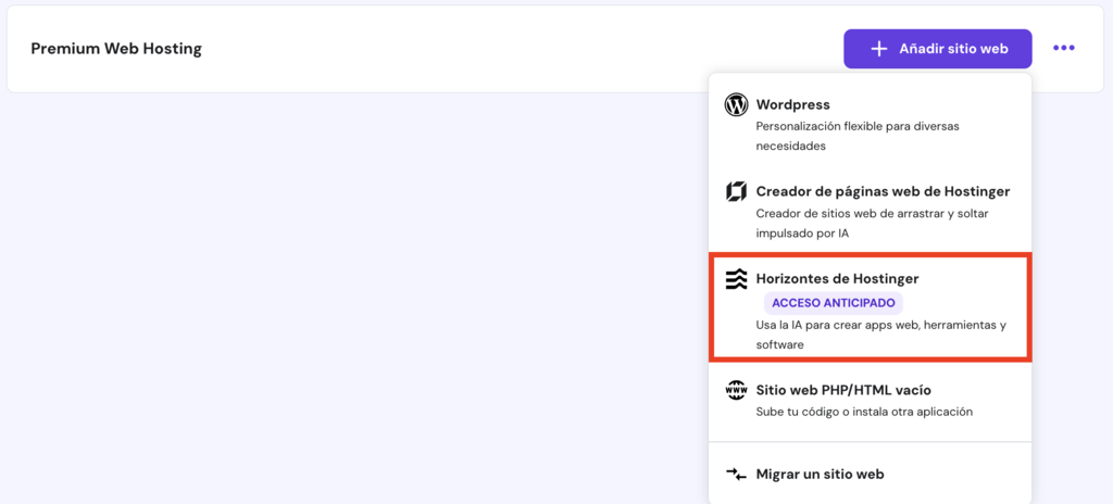 Opción de Hostinger Horizons en hPanel