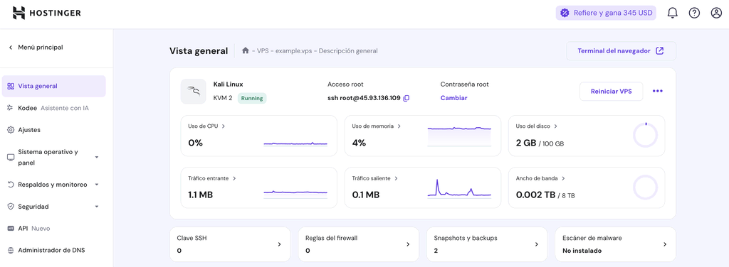 Panel de control del VPS en hPanel