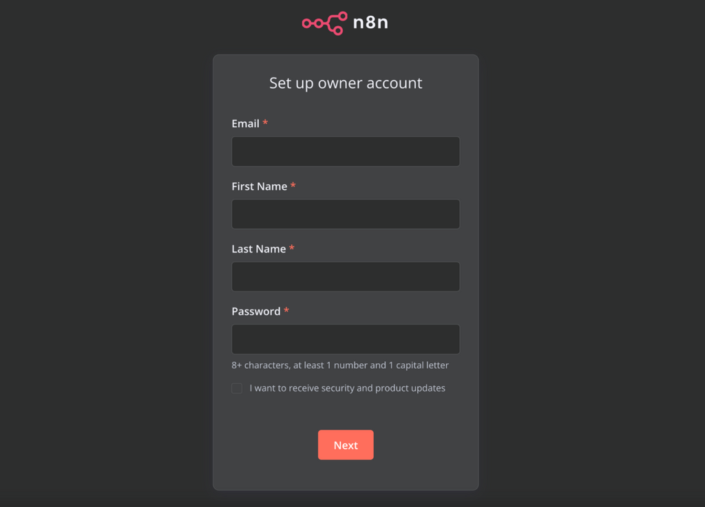 Página de registro de n8n