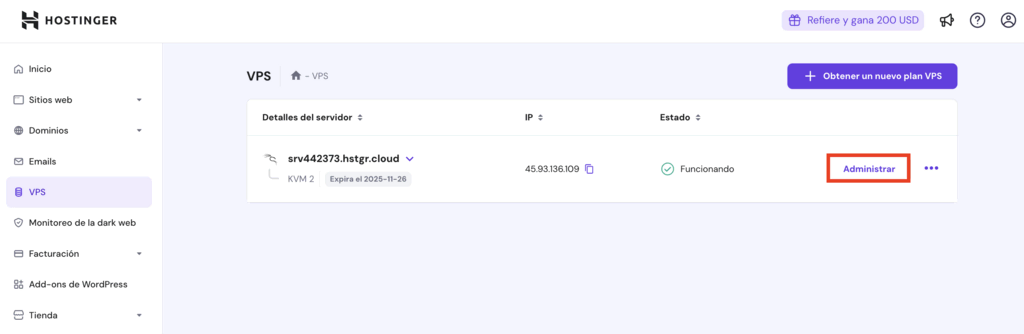 Panel de gestión VPS en hPanel