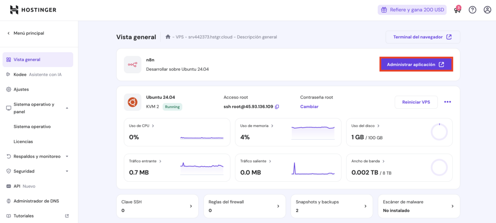 Vista general del VPS en hPanel