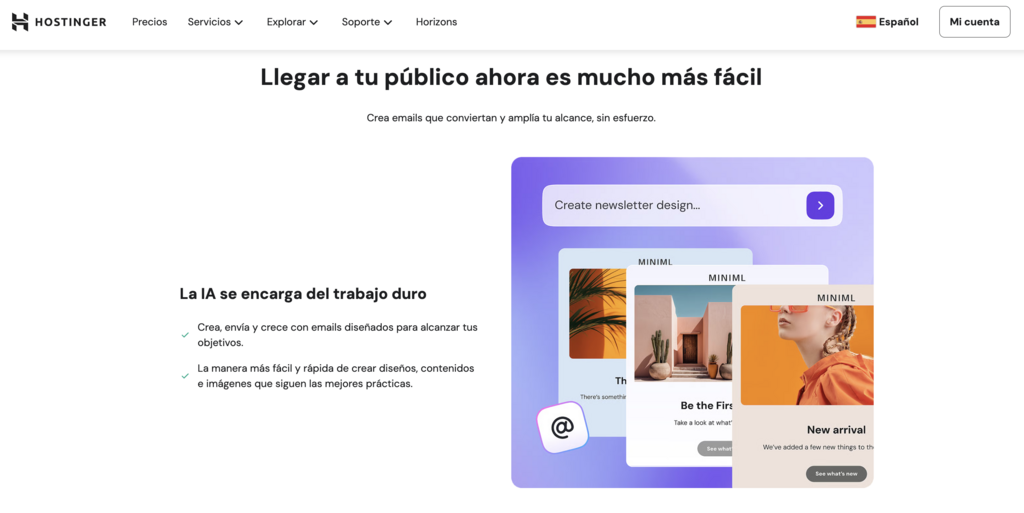 Automatizaci&oacute;n del email marketing: p&aacute;gina principal de Hostinger Reach