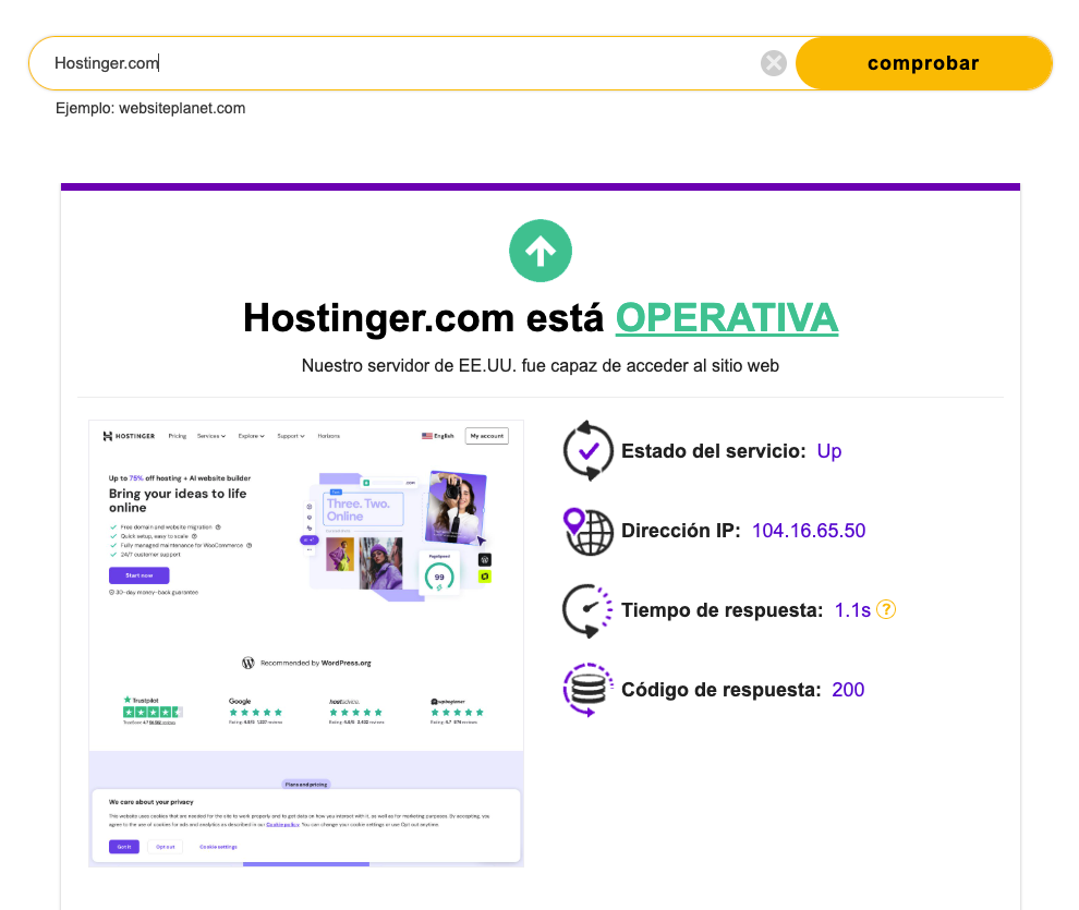 Ejemplo de sitio web online en Website Planet