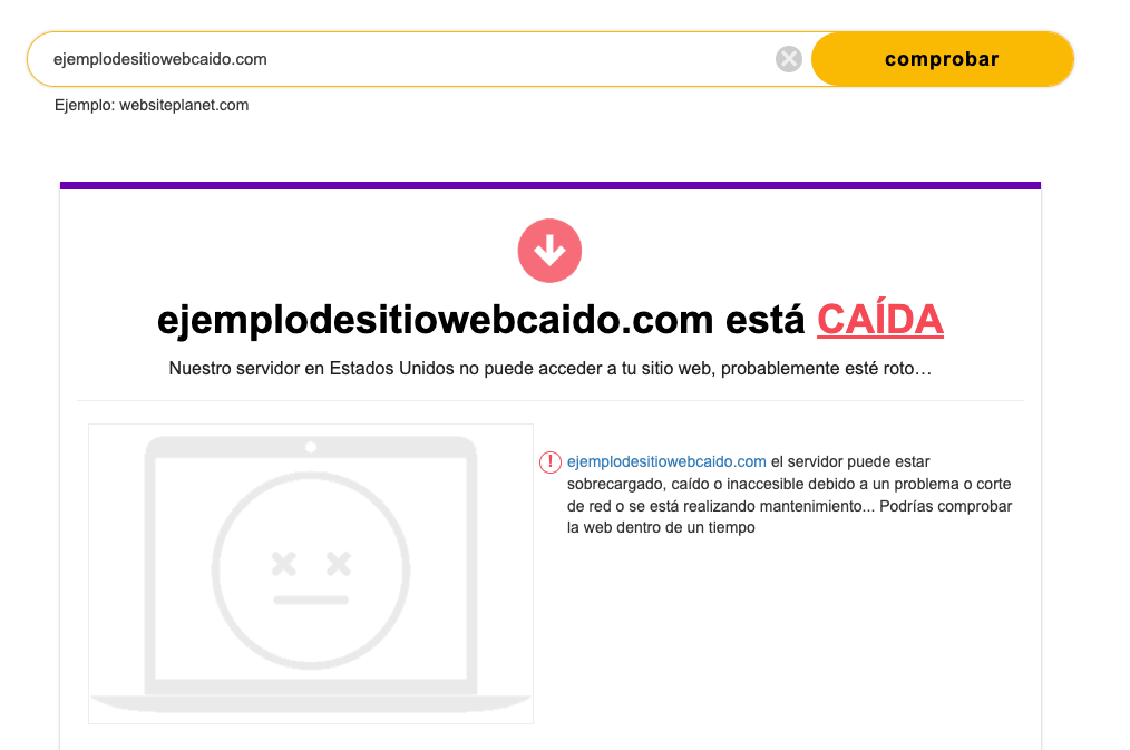 Ejemplo de sitio web caído en Website Planet