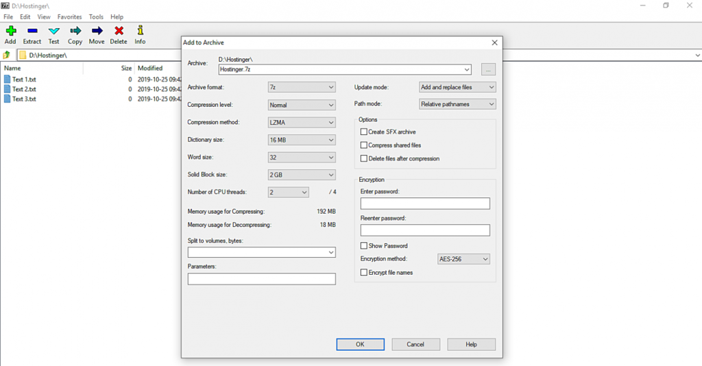 Sección para añadir archivo en 7-ZIP