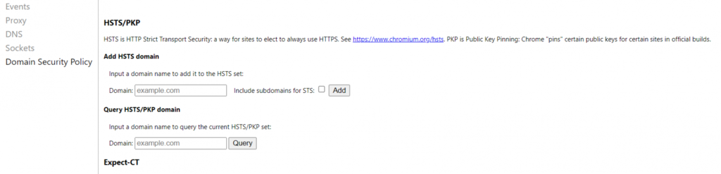 Sección de seguridad del dominio en Chrome