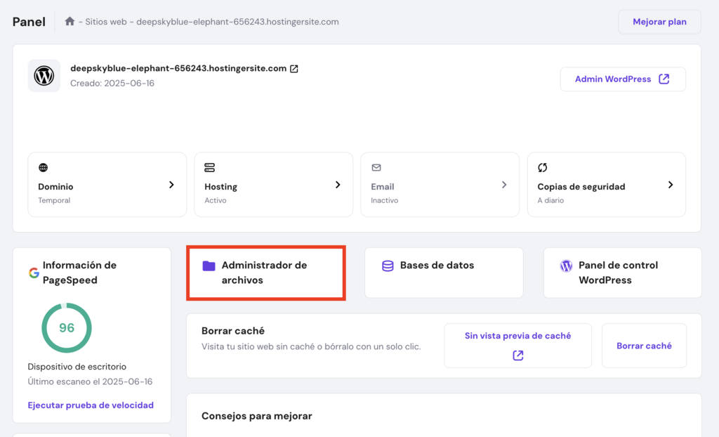 hPanel de Hostinger
