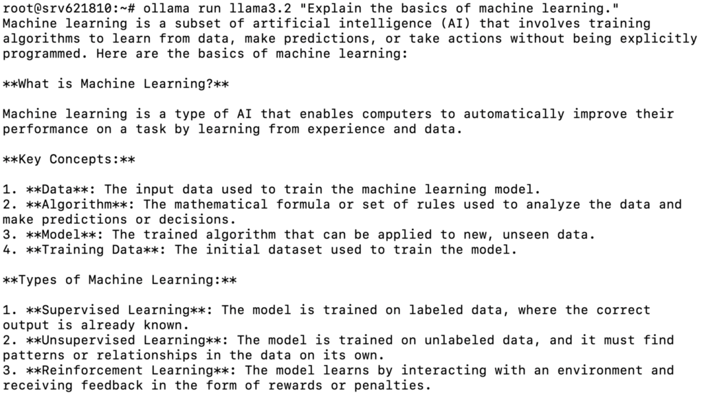 Terminal que muestra la respuesta de un modelo Ollama sobre el aprendizaje automático.