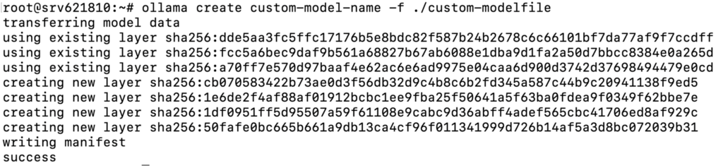 Salida del terminal que muestra la creación correcta de un modelo personalizado.