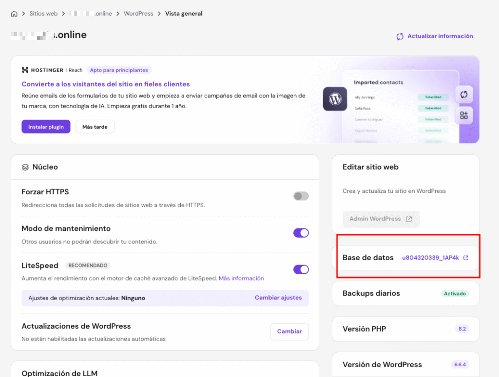 Secci&oacute;n de base de datos de WordPress