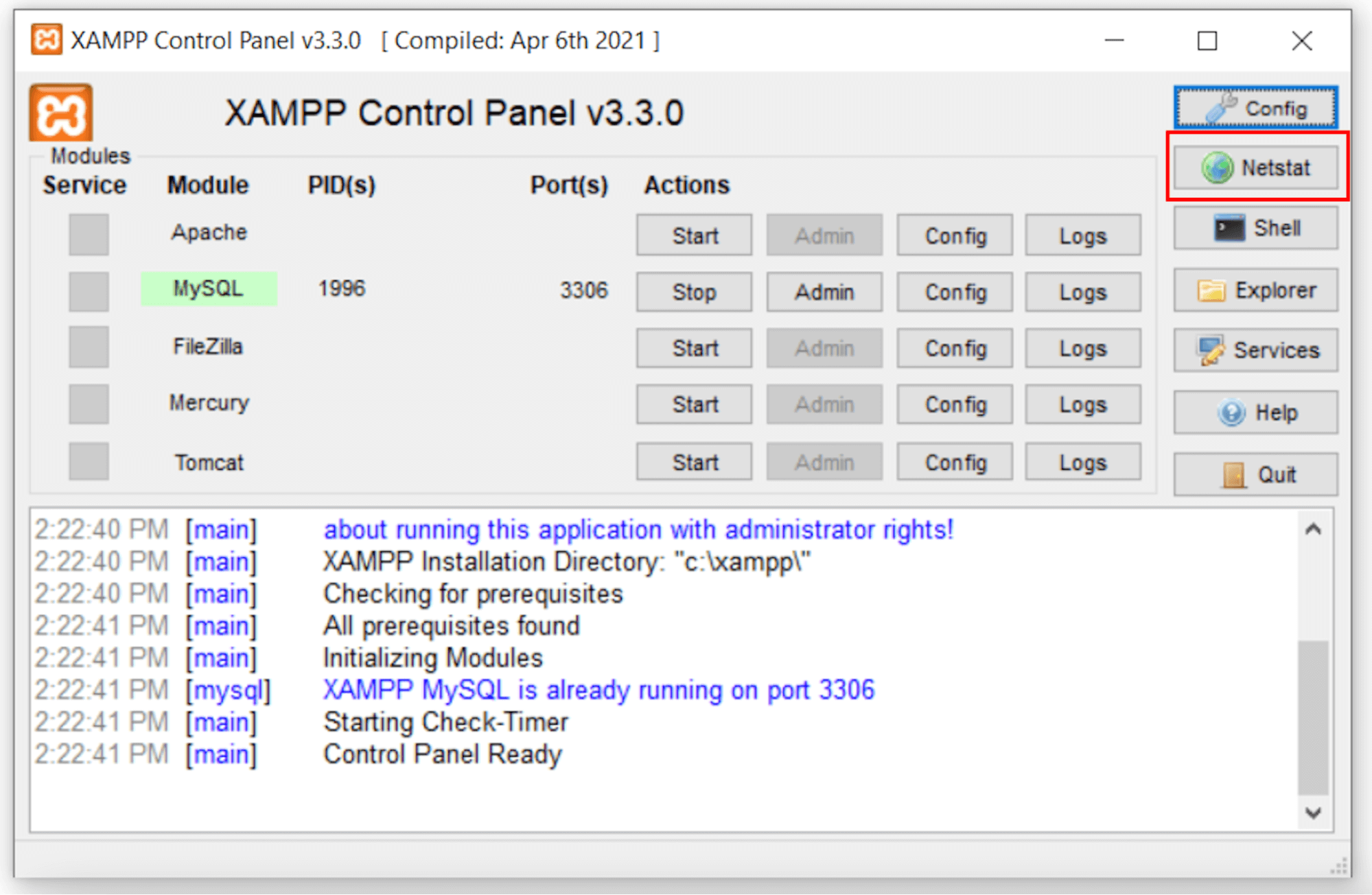 Panel de control de XAMPP