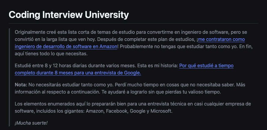 Descripción del repositorio de GitHub Coding Interview University