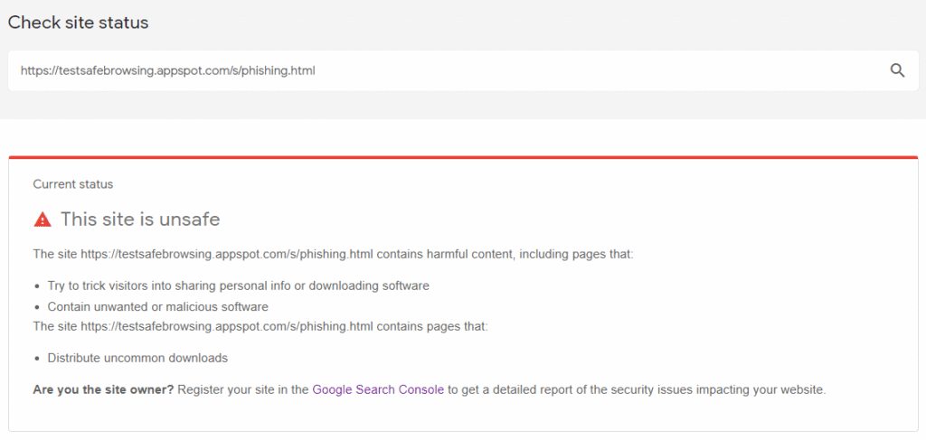 Captura de Check site status mostrando un sitio peligroso