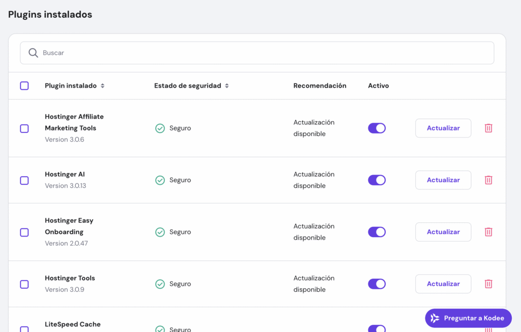 Plugins instalados en hPanel