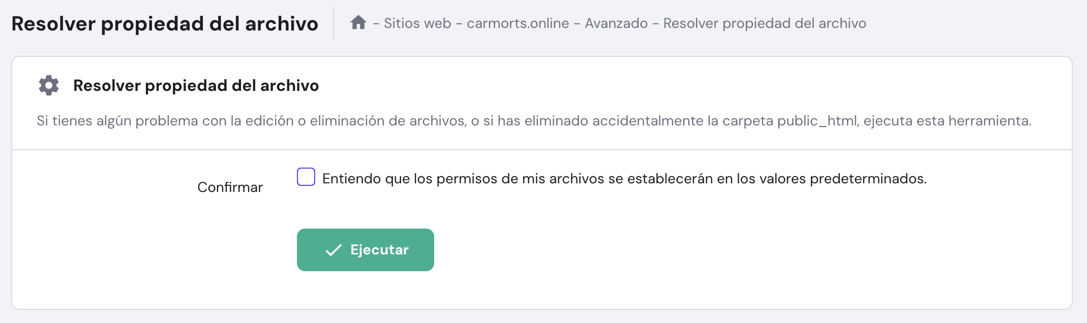 Sección de Corregir la propiedad de los archivos en hPanel