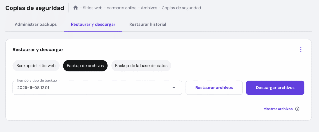 Sección de Restaurar y descargar en hPanel