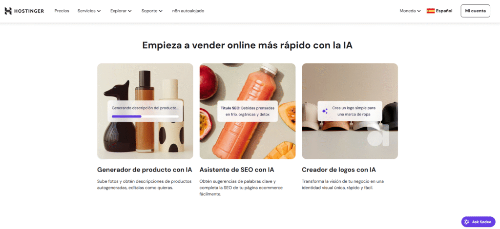 Las características de la herramienta Creador de sitios web de comercio electrónico de Hostinger