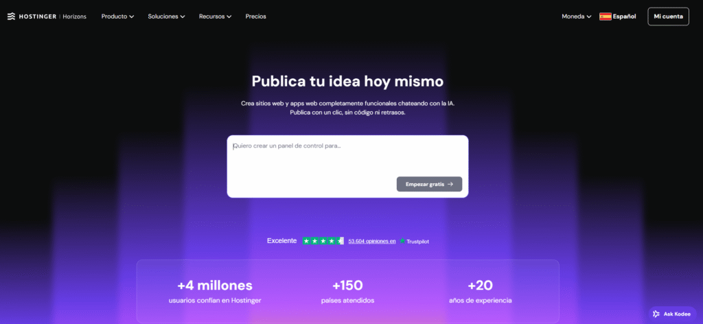 Una captura de pantalla de Hostinger Horizons, un ejemplo de herramienta de desarrollo de sitios web y aplicaciones impulsada por IA.
