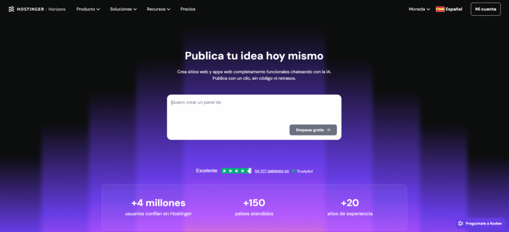 Página de inicio de Hostinger Horizons