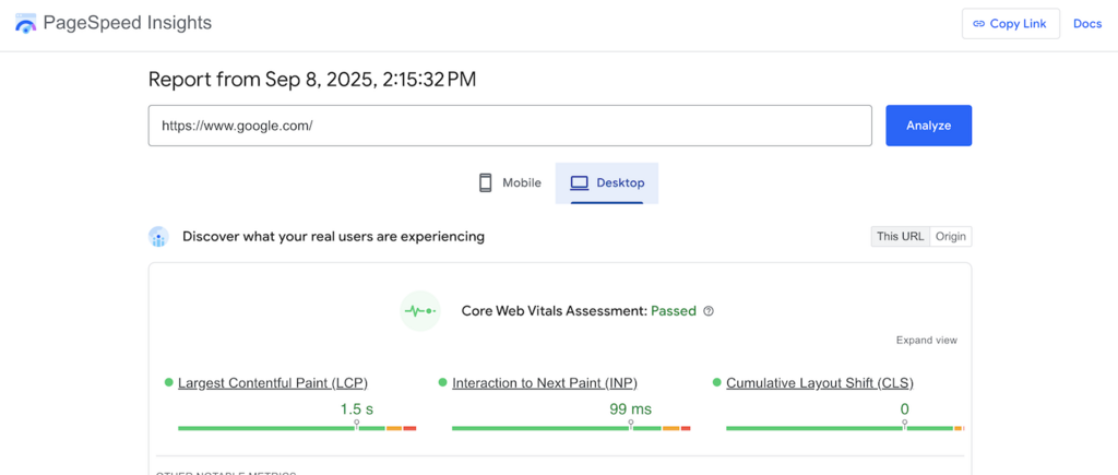Resultado de análisis en Google PageSpeed Insights