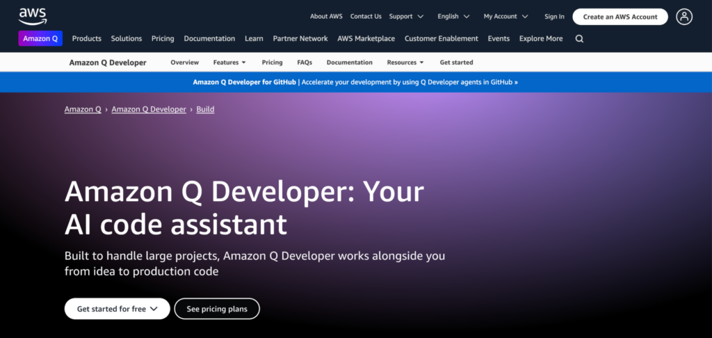 Página de inicio de Amazon Q Developer