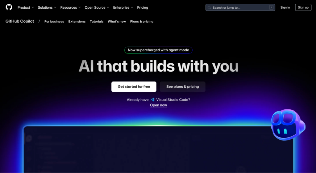 Página de inicio de GitHub Copilot