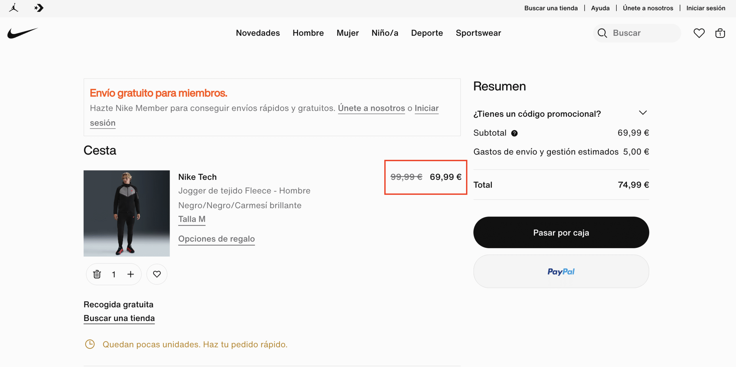 Sitio web de Nike con ejemplo de descuento