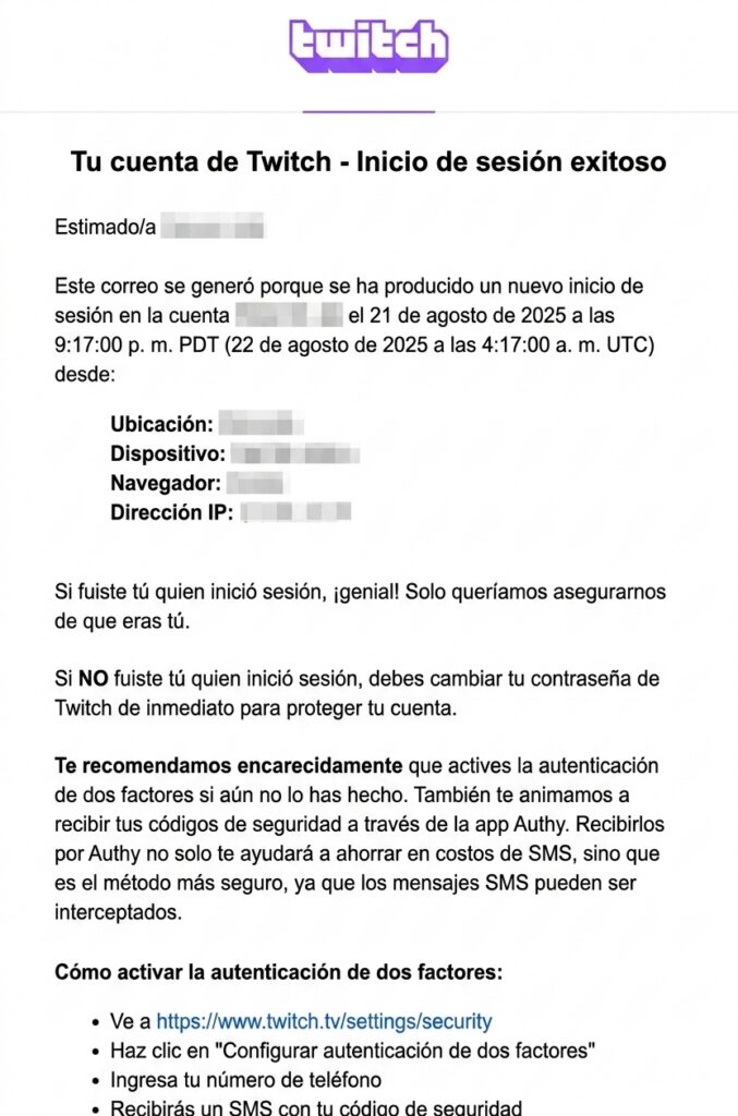Email de confirmaci&oacute;n de inicio de sesi&oacute;n en Twitch