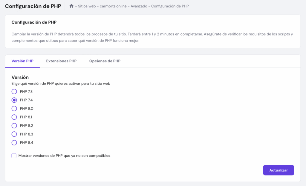 Configuración PHP en hPanel