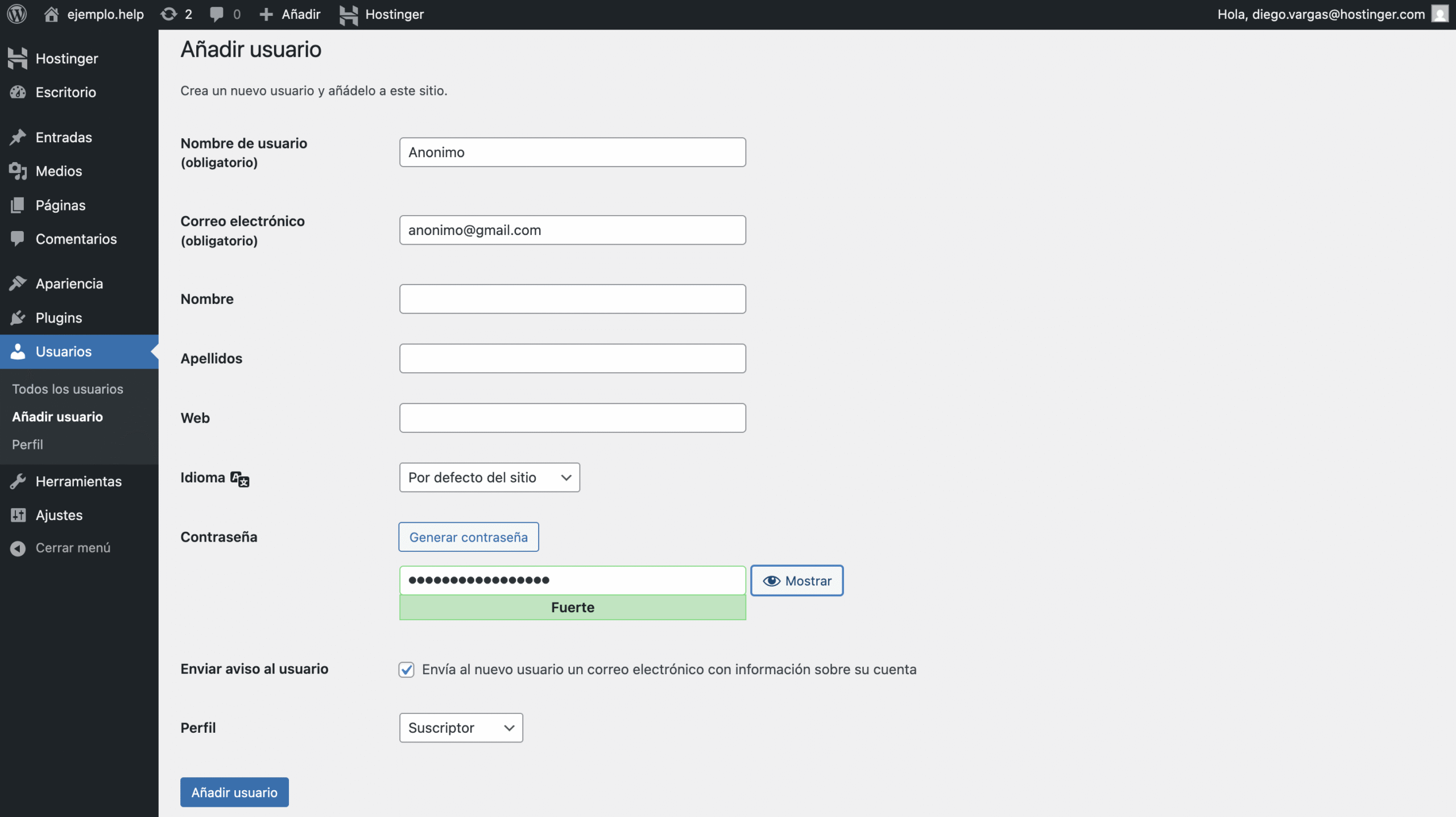 Añadir nuevo usuario en WP