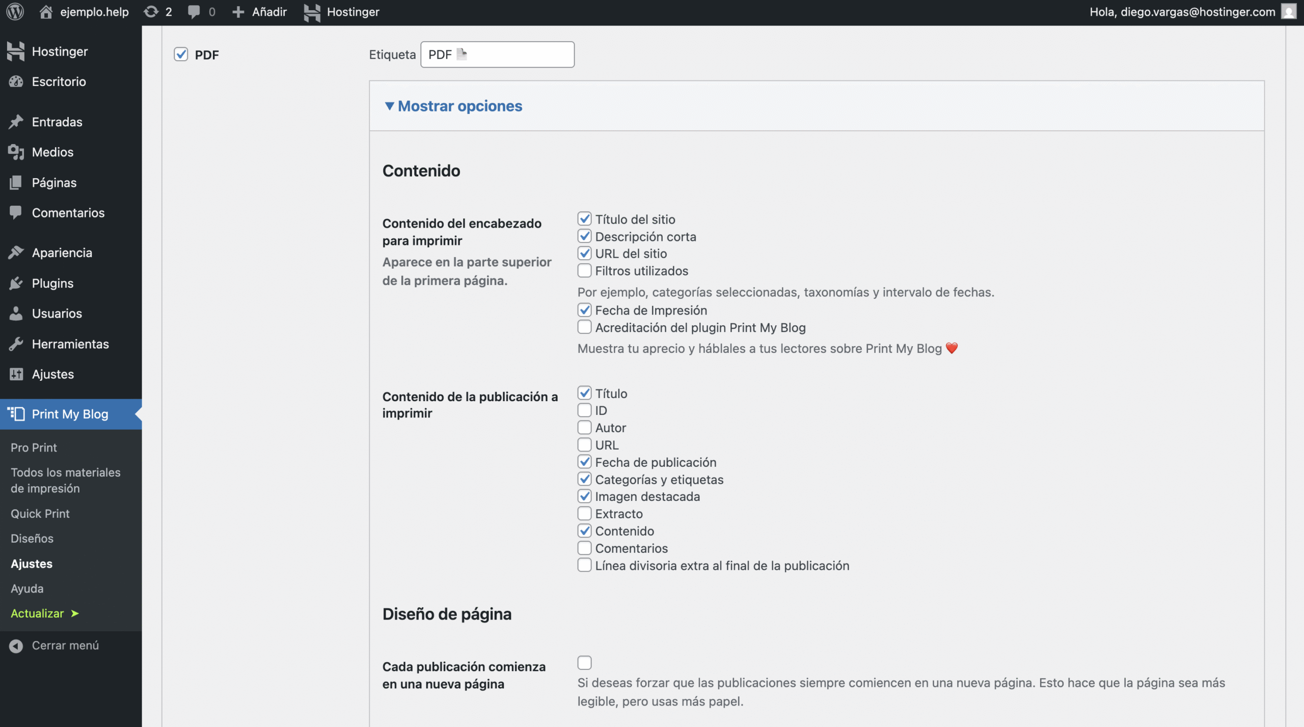 Configuración de contenido de Print My Blog