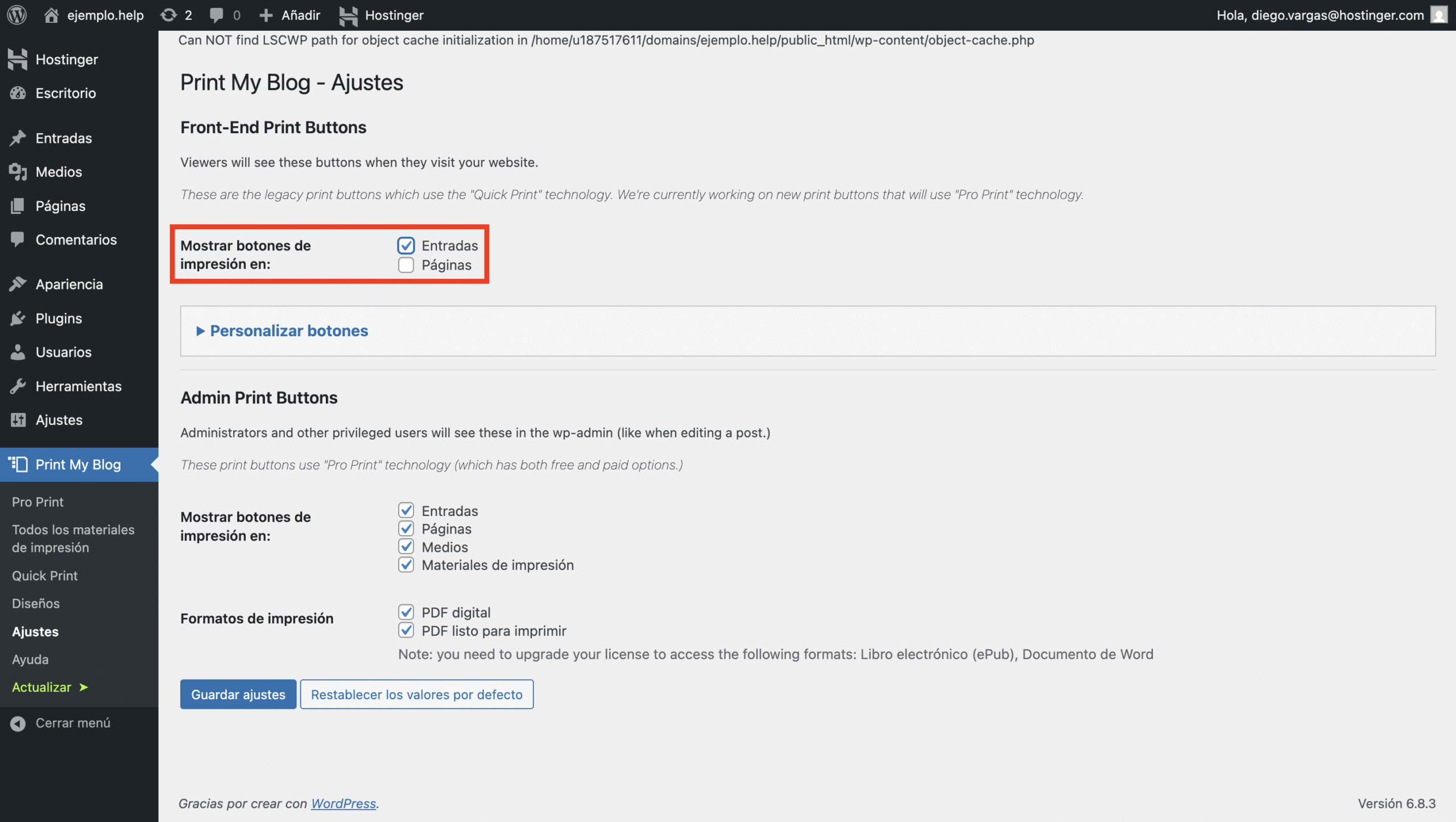 Ajustes de Print My Blog en WP