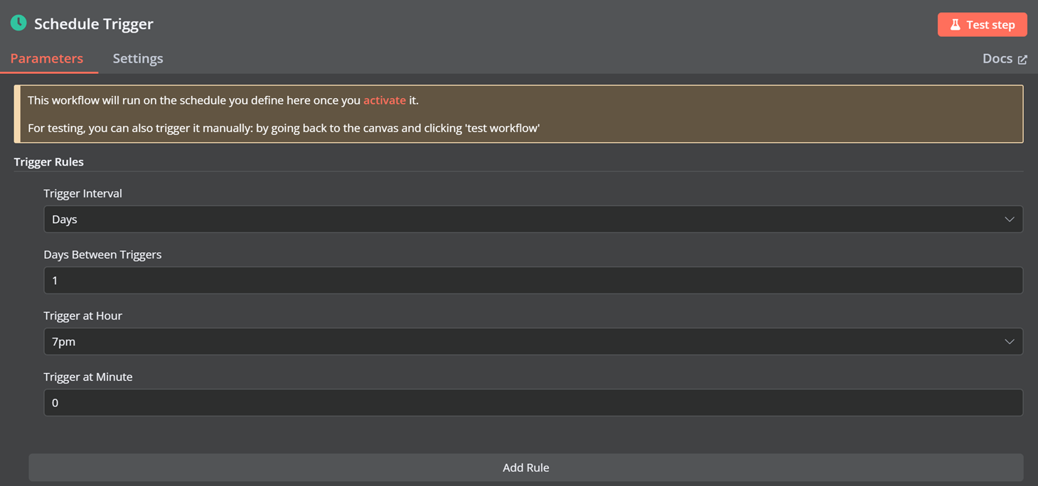 Horario de desencadenador en n8n