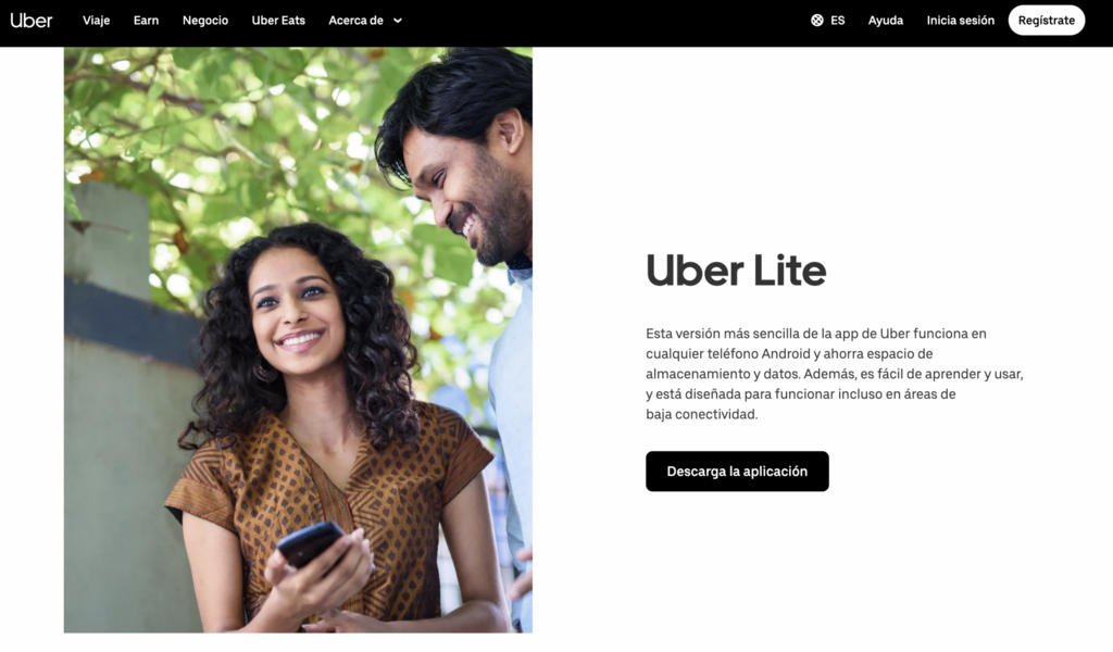 Sitio web de Uber Lite